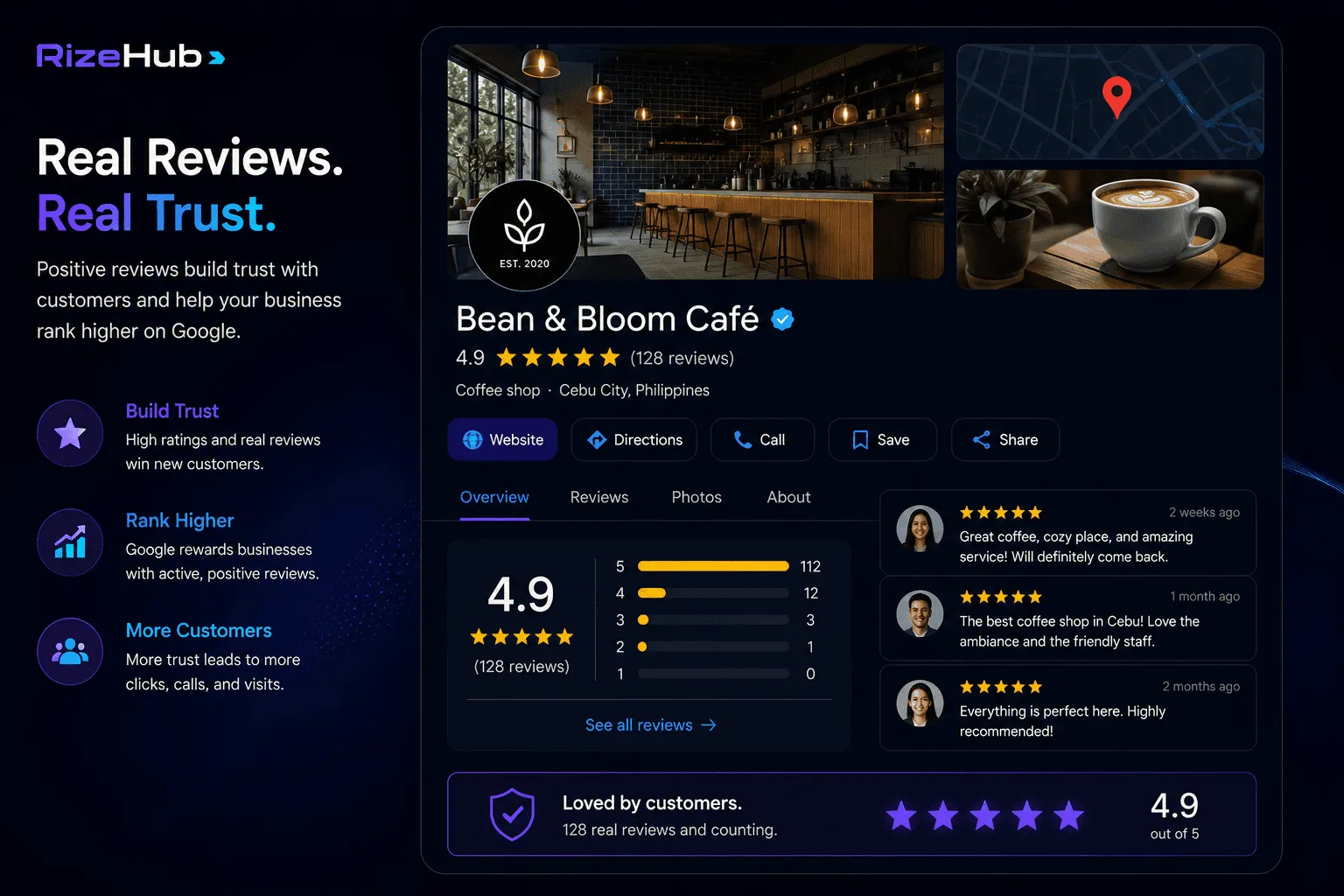 Five-star review rating displayed on a business profile