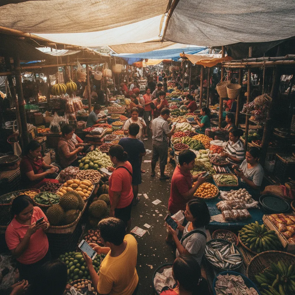 photographic scene of a bustling marketplace in the Philippines with vendors using mobile devices to manage sales