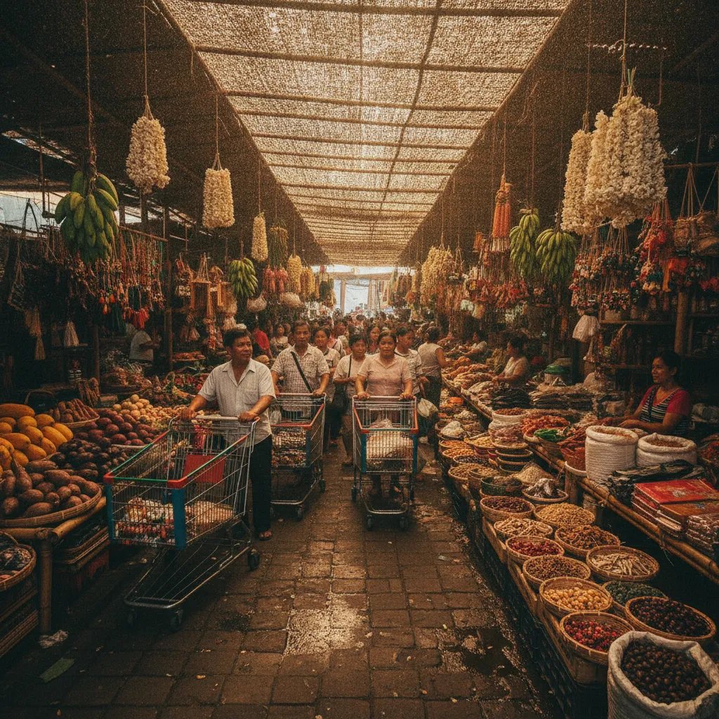 photographic scene of a vibrant Filipino marketplace showcasing unique products with shopping carts