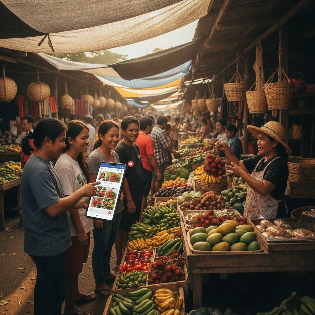 a lively market scene in the Philippines with customers interacting with a vendor's Facebook page