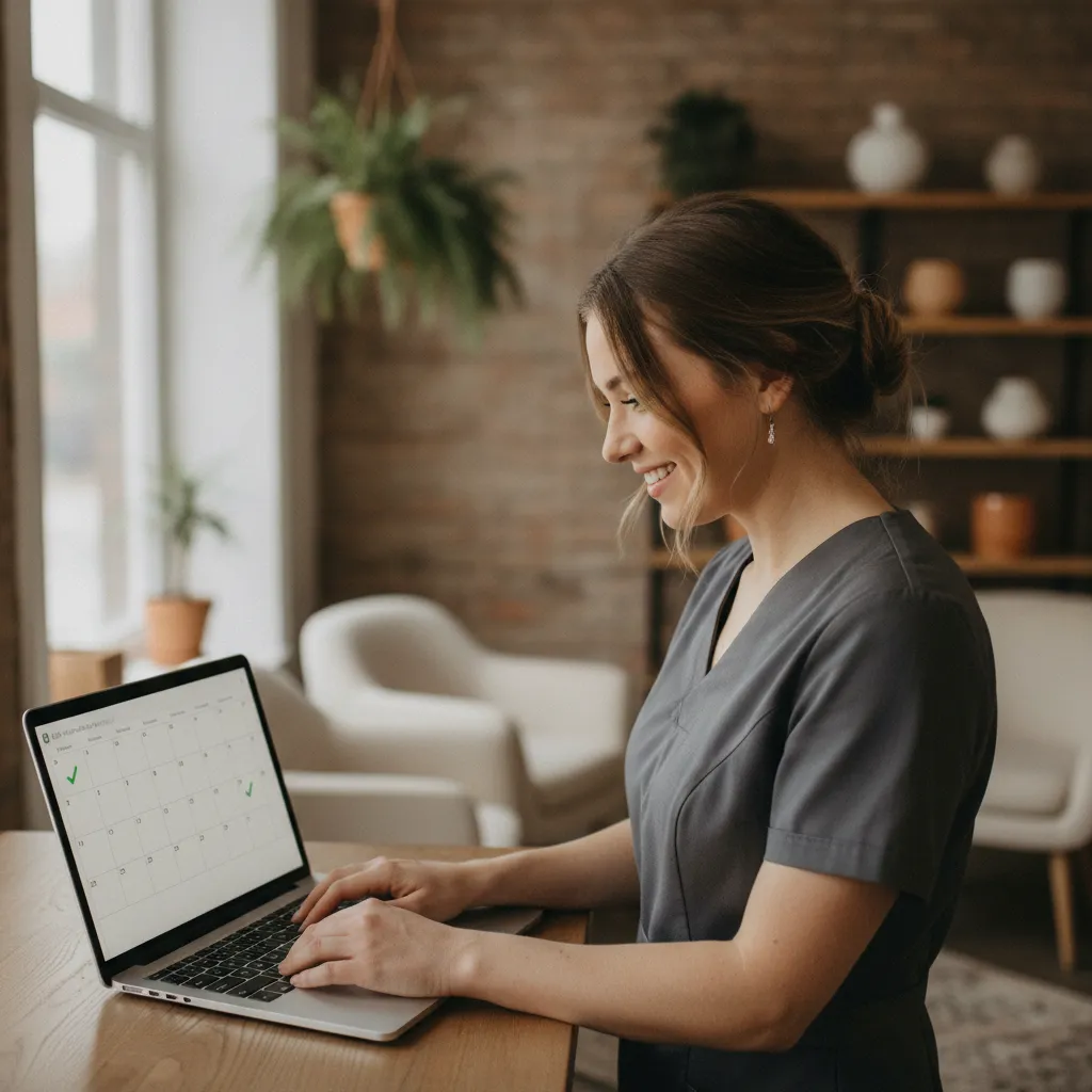 staff member smiling while reviewing automated appointment confirmations on a laptop, cozy salon ambiance