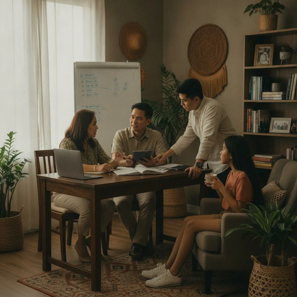 photographic scene of a Filipino family discussing their business strategy in a cozy office setting