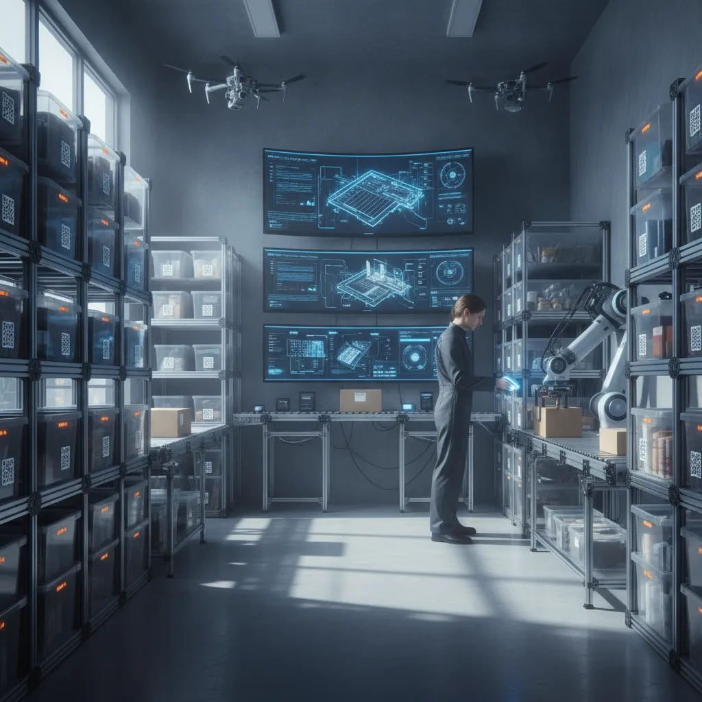 A small business inventory room with AI-enabled inventory management systems, such as barcode scanners and automated shelving