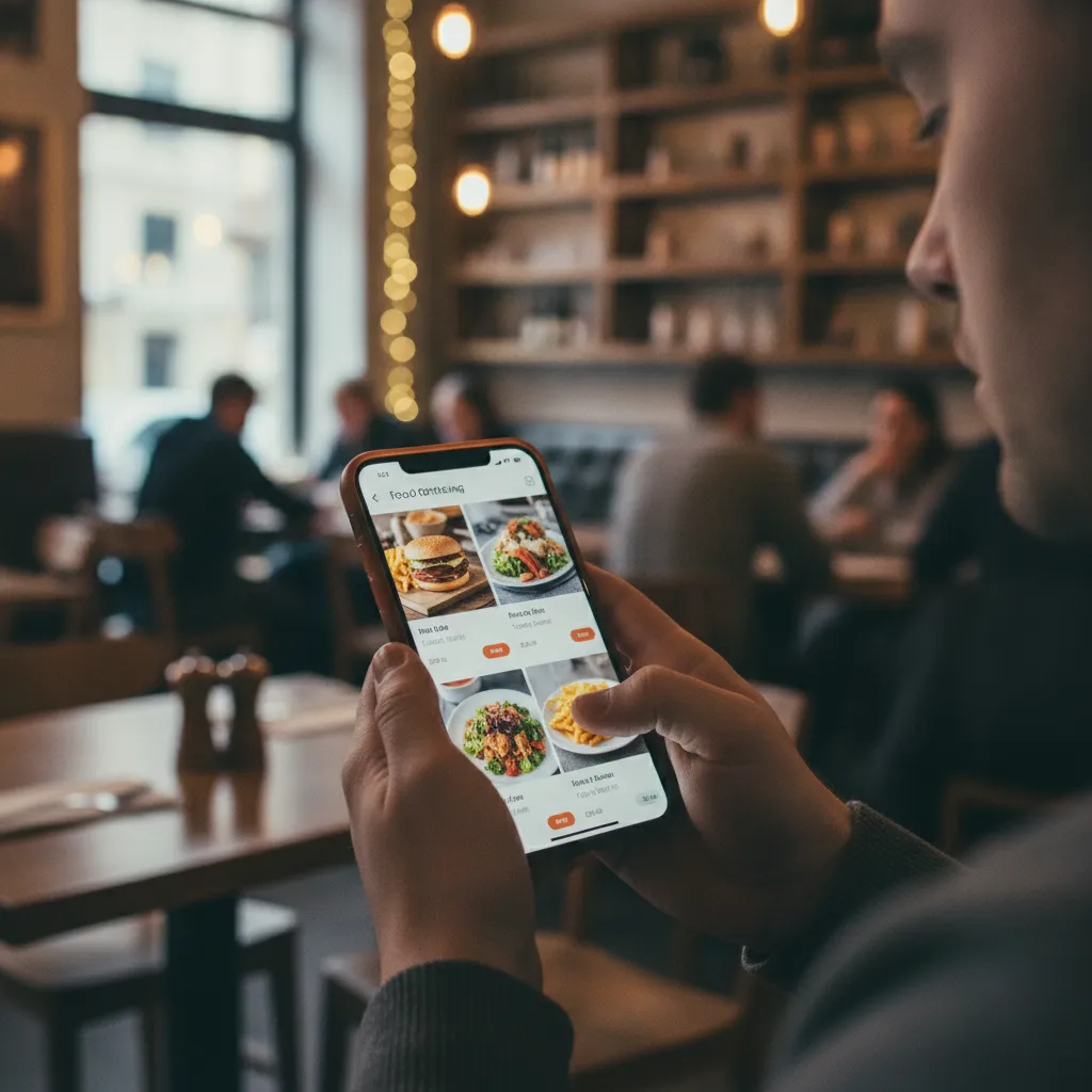 A close-up of a customer using their smartphone to place an order through a restaurant's online ordering system, with a blurred background of a restaurant