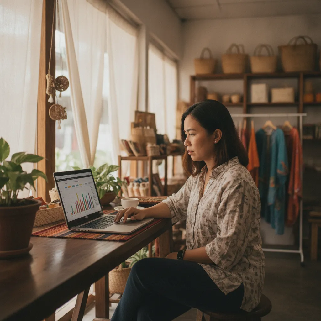 photographic scene of a retail staff analyzing sales data on a laptop in a cozy Philippine boutique.