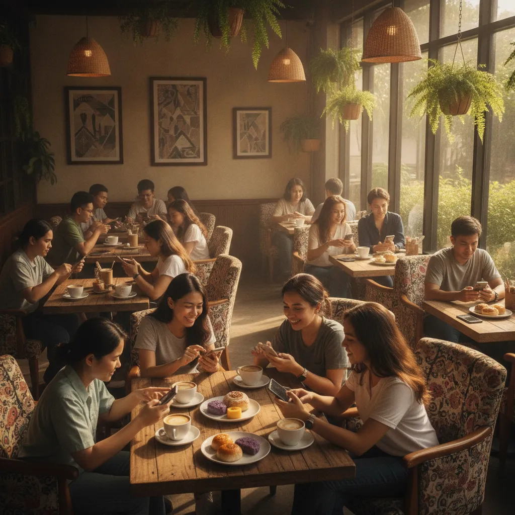 a cozy café in the Philippines with people sharing their experiences on social media