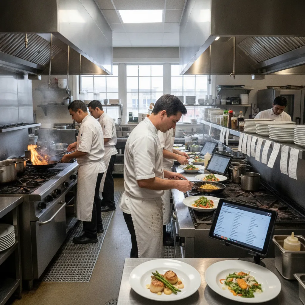 photographic scene of a busy restaurant kitchen with staff preparing orders received through an online ordering system