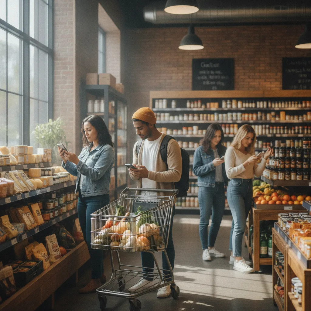 photographic scene of customers using smartphones while shopping in a local store
