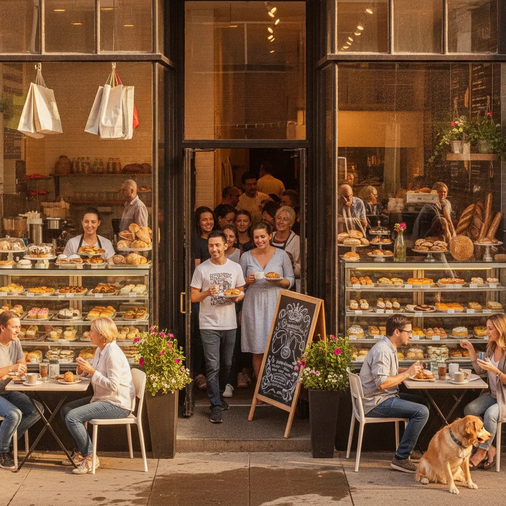 photographic scene of a small business storefront showing a busy day, reflecting successful marketing efforts
