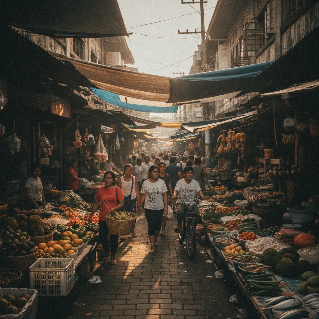 A bustling street in a Filipino market, with customers walking in and out of small shops