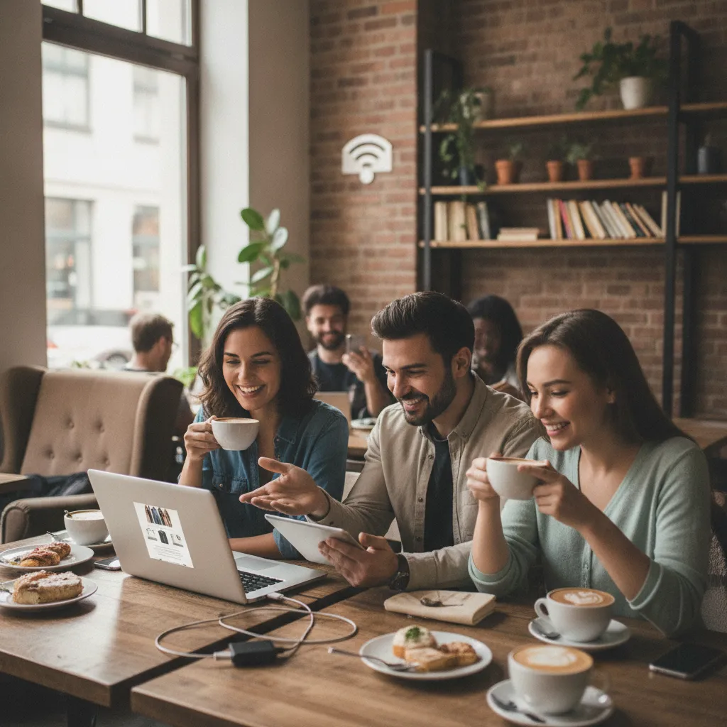 photographic scene of customers enjoying a seamless online shopping experience at a local café with Wi-Fi