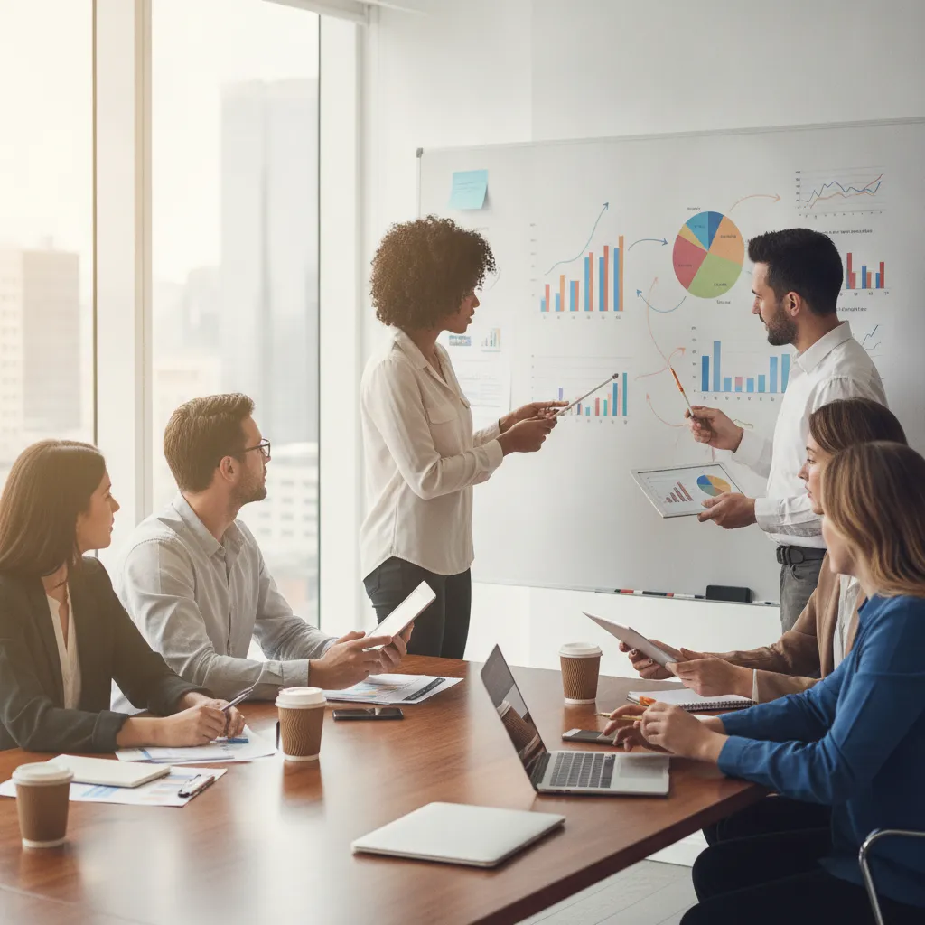 photographic scene of a team meeting where marketing reports are being discussed, with a whiteboard filled with performance metrics