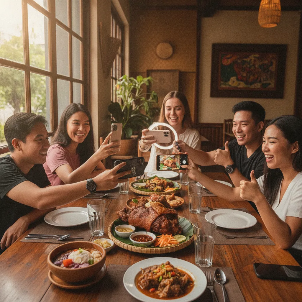 A group of friends taking a photo of a dish at a Filipino restaurant to post on social media