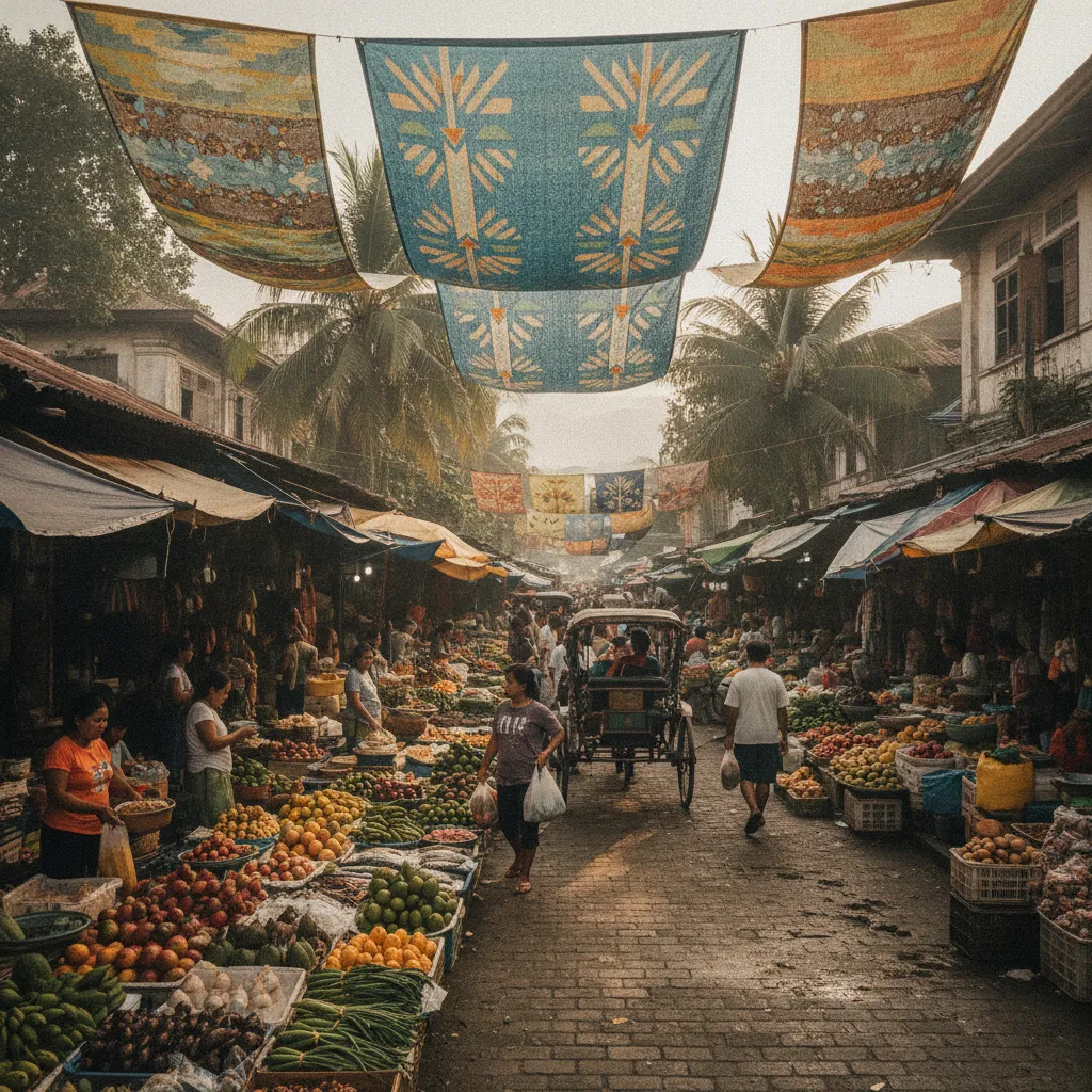 photographic scene depicting a busy Filipino market with banners highlighting landing page promotions