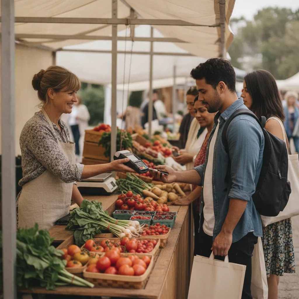 photographic scene of a market stall with a vendor using a mobile POS system to process transactions