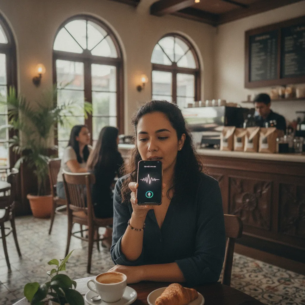 A person speaking to a voice assistant on their smartphone in a coffee shop in Manila