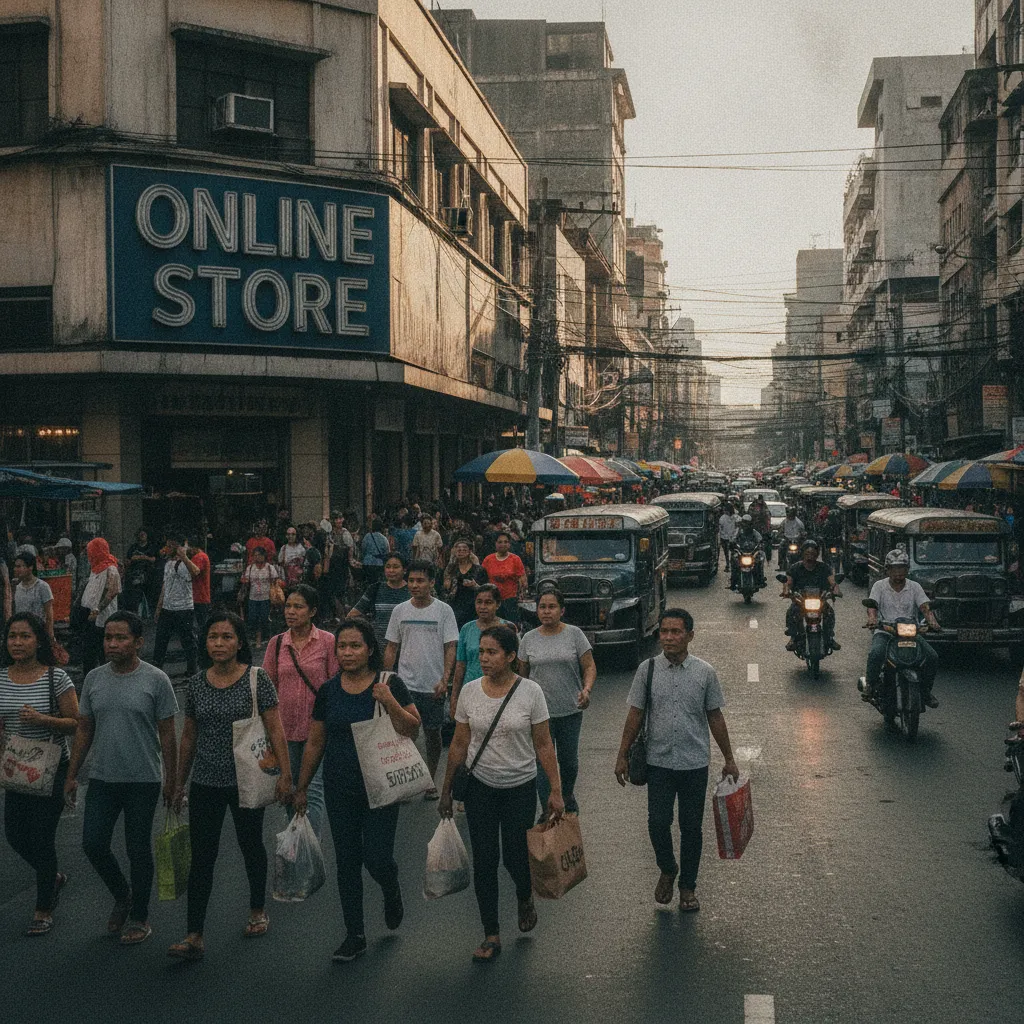 A busy street in Manila with a sign that says 'Online Store' and people walking around with shopping bags