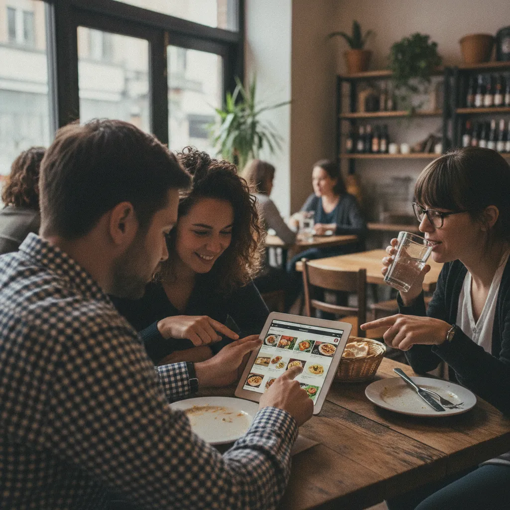 photographic scene of a local restaurant with customers engaging on a tablet while browsing the menu online