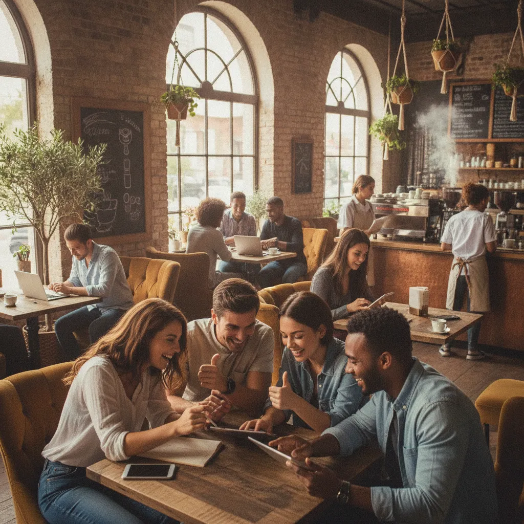 photographic scene of a local café with customers interacting and leaving reviews