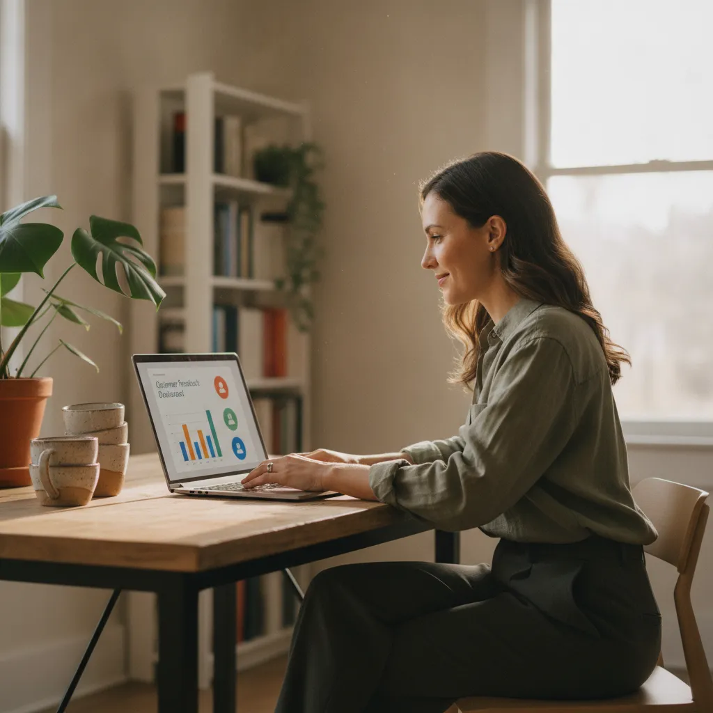 photographic scene of a business owner responding to customer reviews on a laptop