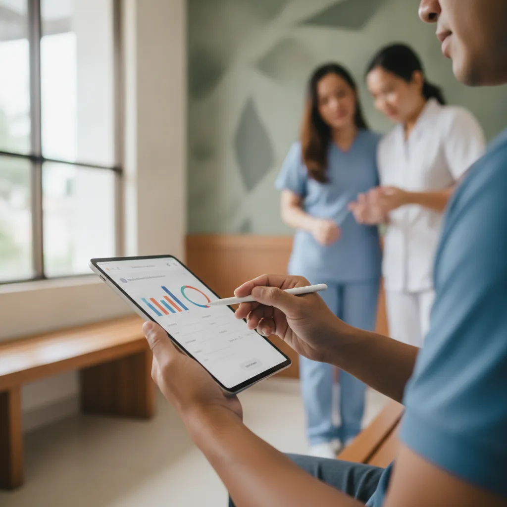 a close‑up of a tablet displaying a digital intake form being filled by a patient in a clinic waiting room, Filipino staff assisting nearby
