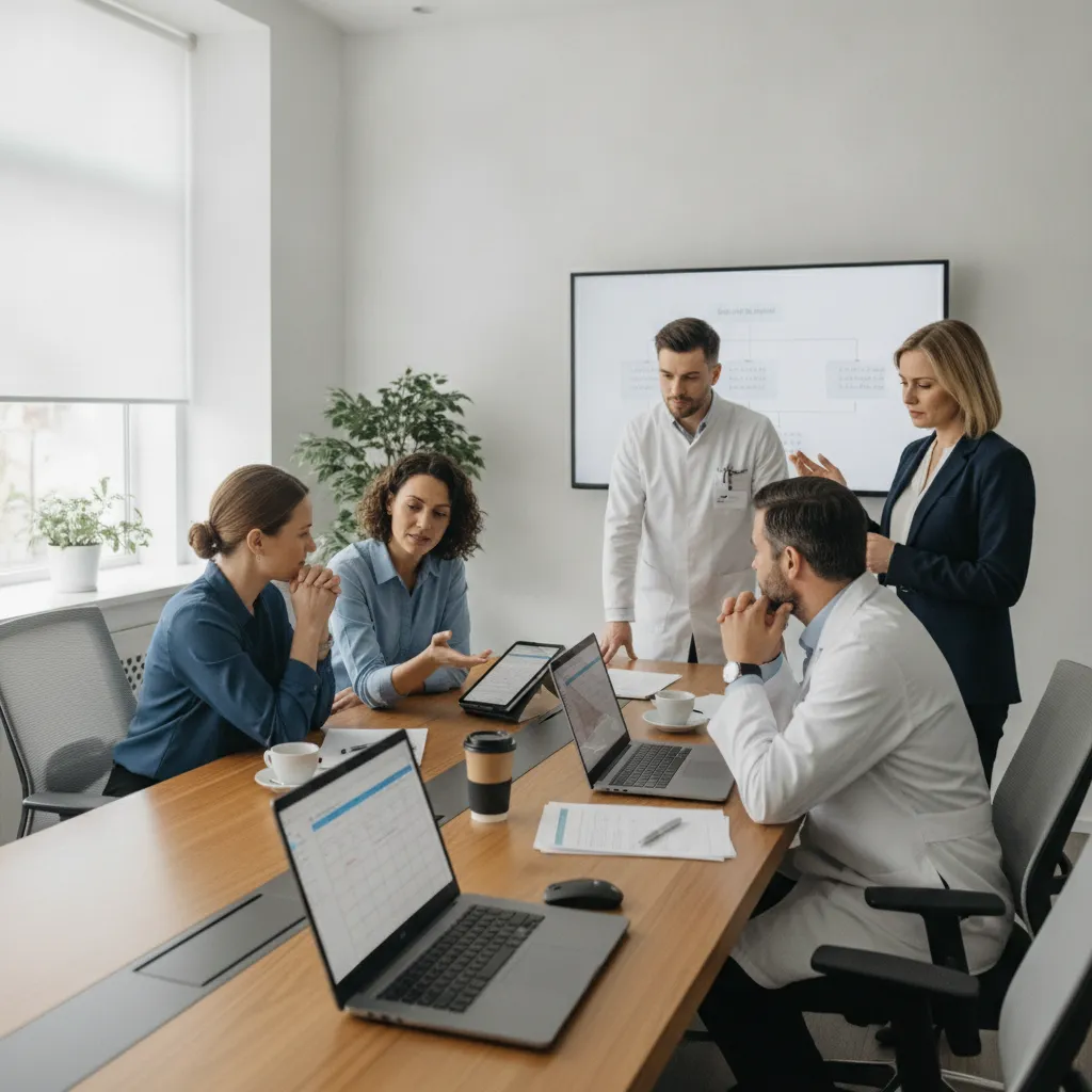 photographic scene of staff members discussing the implementation of an online booking system in a clinic office