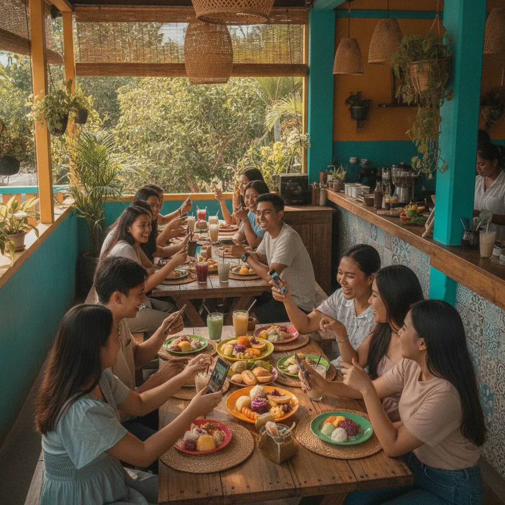 a vibrant scene of a small café in the Philippines with customers interacting and sharing content on social media