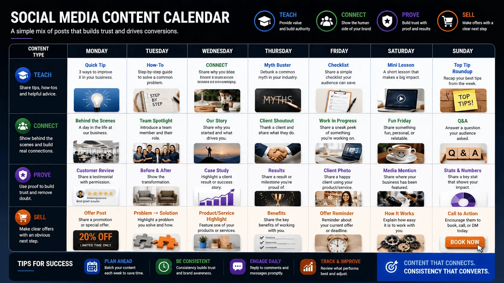 A content calendar mixing different types of social posts
