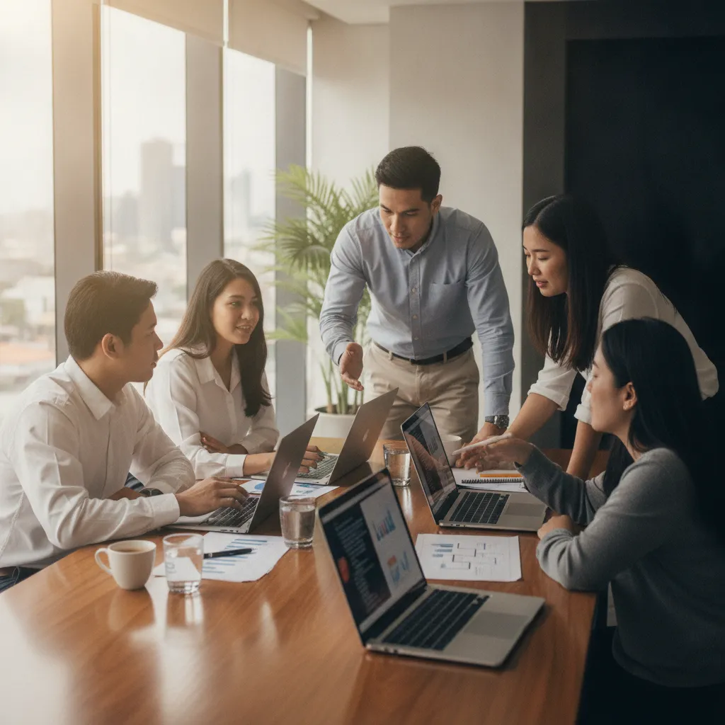 photographic scene of a Filipino team discussing SEO strategies around a table with laptops open