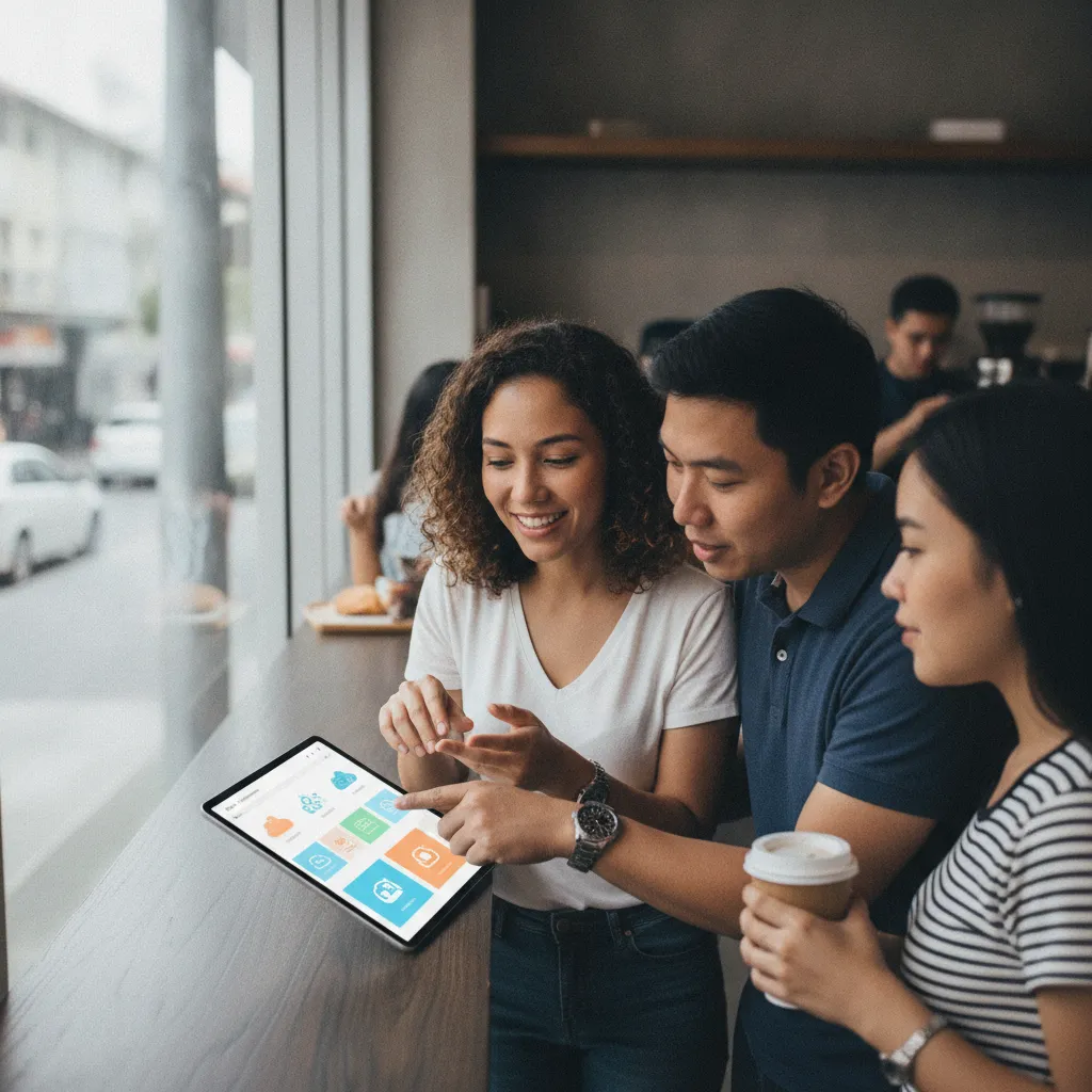 photographic scene showing a group of Filipino customers interacting with a well-designed landing page on a tablet