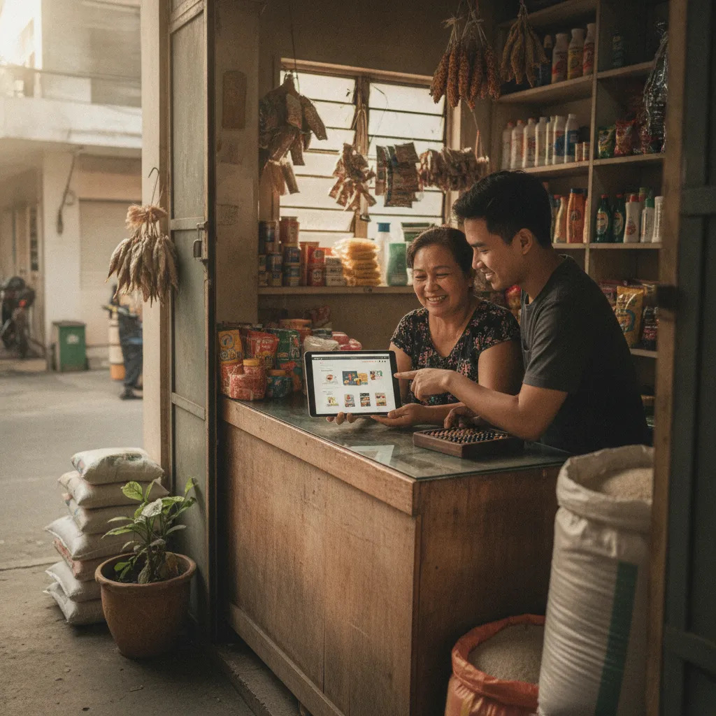 photographic scene of a small Philippine business showcasing its website on a tablet to a customer