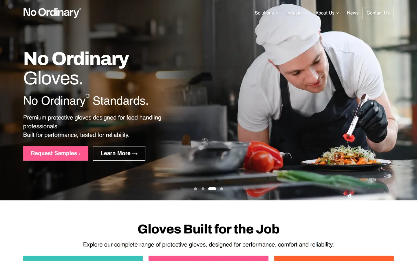 No Ordinary Gloves homepage on desktop with a full-width hero slider and a request samples button