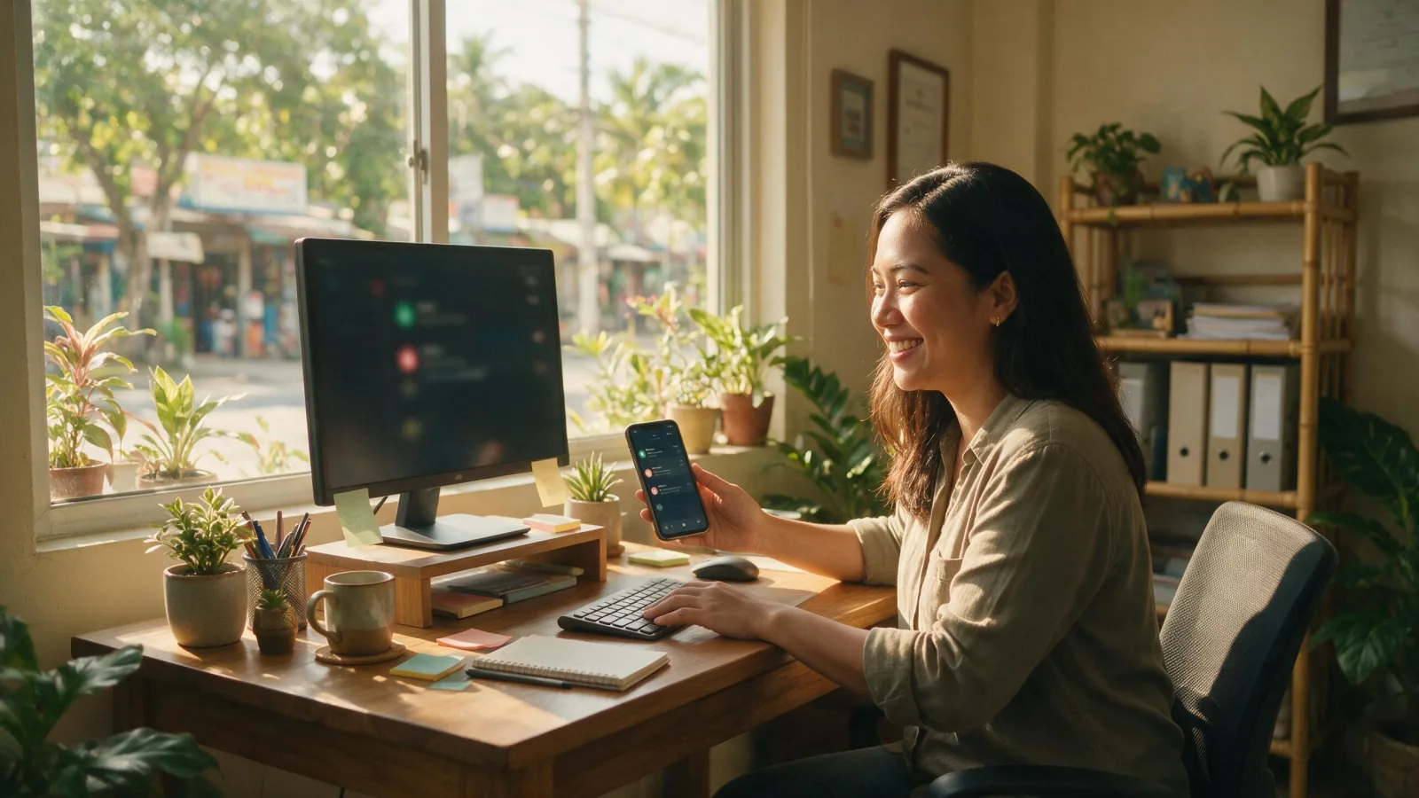 A Filipino business owner smiling as customer enquiries arrive on her phone and desktop