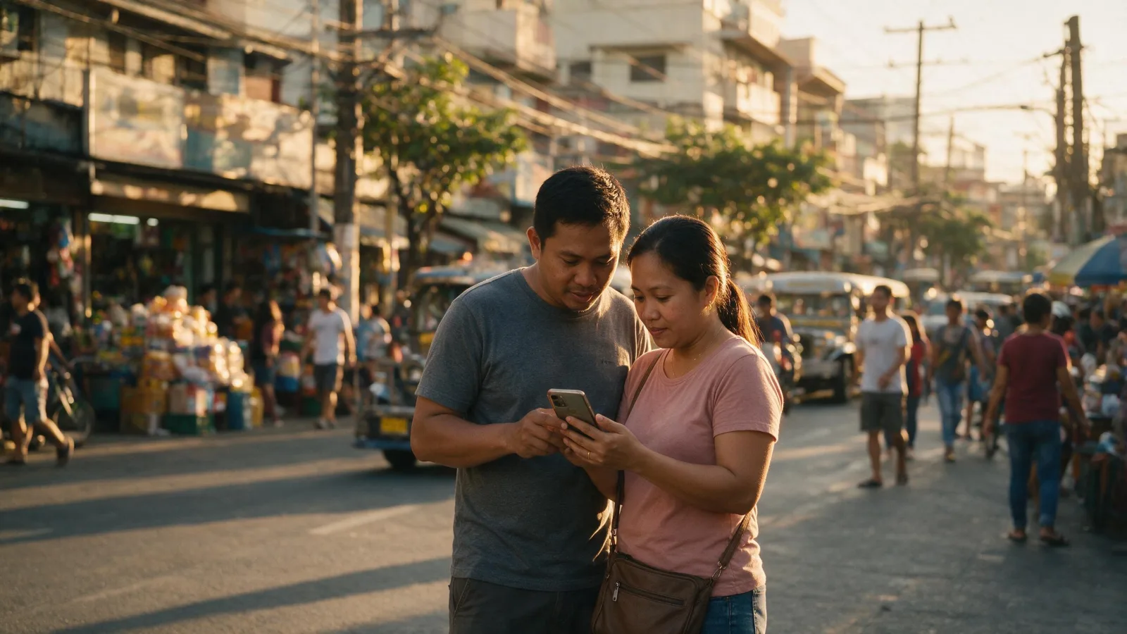 A Filipino couple finding a nearby shop on a phone map while walking a busy Manila street